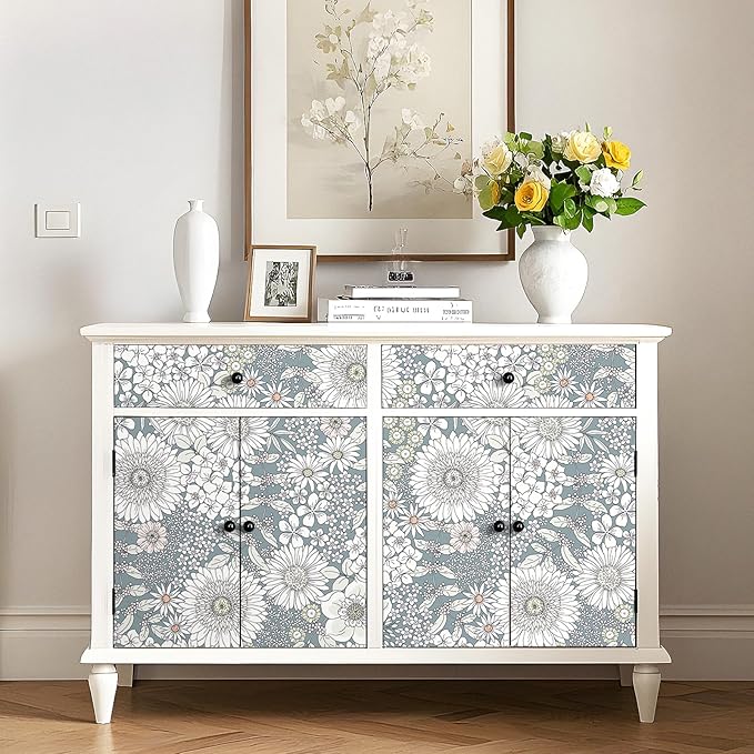 Livelynine Light Blue Floral Wallpaper Peel and Stick Boho Vintage Blue and White Prepasted Wallpaper for Bathroom Bedroom Removable Flower Contact Paper Vinyl Botanical Floral Shelf Liner 17.5x78.8