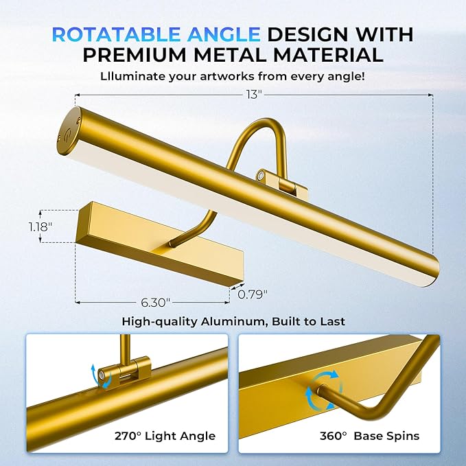 Cordless Picture Light for Wall, Battery Operated Art Light with 3CCT Dimmable, 5200mAh Battery Wall Sconce with Remote & Timer, 13in LED for Paintings, Gallery Artwrok, Picture Display - Golden