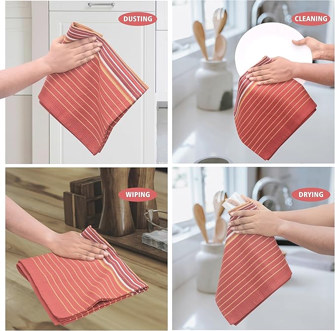 Urban Villa Fall Kitchen Towels 100% Cotton Highly Absorbent Dish Towels Rust Color Set of 6 Size-20"X30" Waffle Salsa Stripes Thanks Giving Dish Cloths & Dish Towels with Hanging Loop Tea Towels