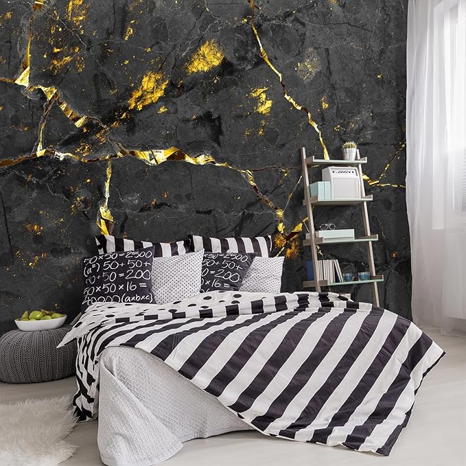 -Black and Gold Marbled Fabric Wallpaper Dark Abstraction Art Living Room Bedroom Bathroom Wall Mural- 137"x96"（ not Peel and Stick）
