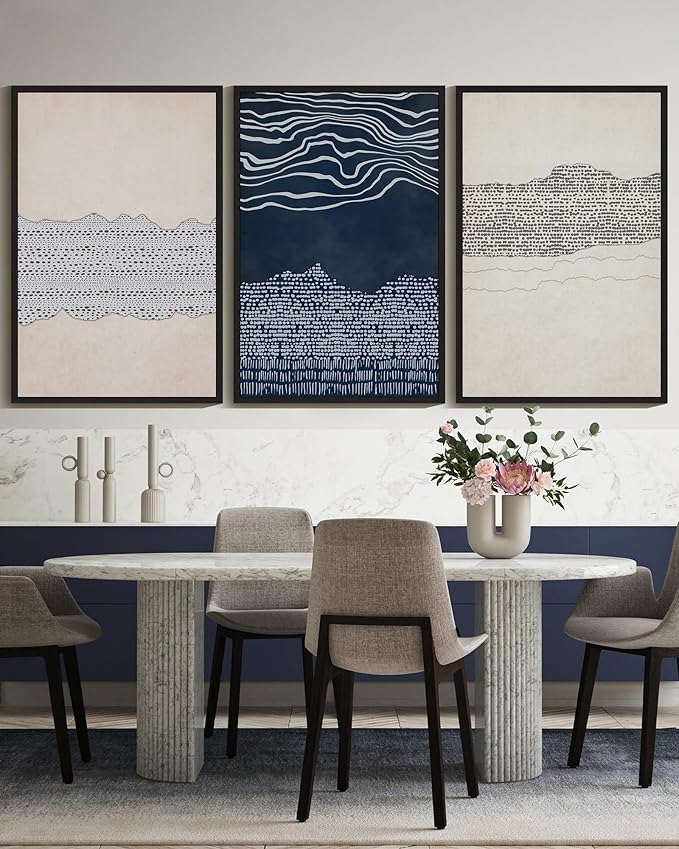 KUVIOKE Navy Blue Abstract Framed Wall Art Modern Neutral Minimalist Wooden Pastel Boho Wall Decor Farmhouse Rustic Art Painting Home Decor 24x36in (Black Framed)