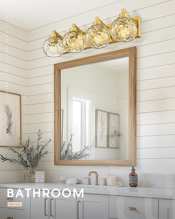 Bathroom Light Fixtures Over Mirror, 26" Brushed Gold Bathroom Vanity Light with Clear Hammered Glass Globe Shade, 4-Light Modern Sconces Wall Lighting, VL200-BG-CL-4