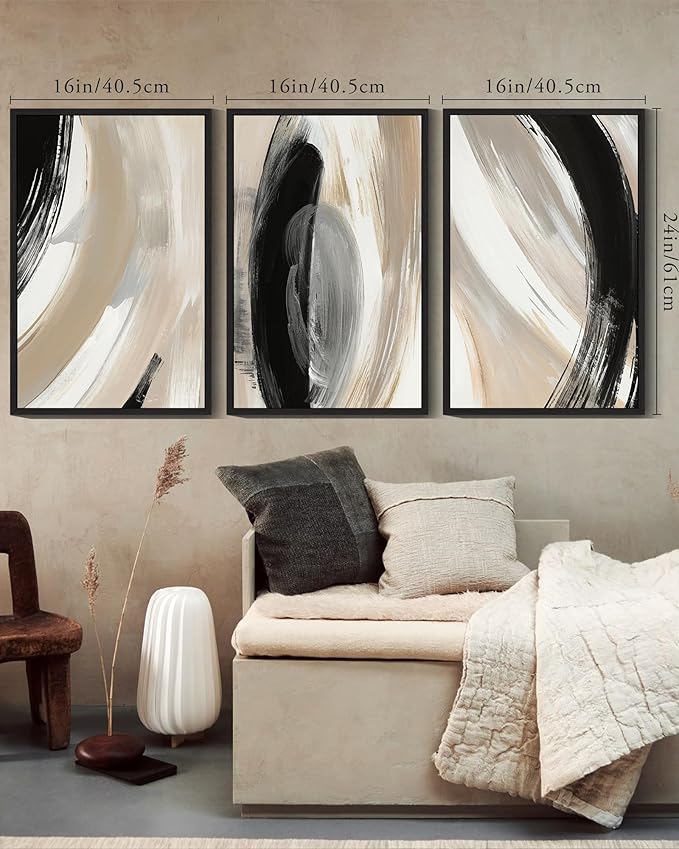 KUVIOKE Modern Abstract Framed Wall Art Black Neutral Minimalist Ink and Wash Graffiti Pastel Wall Decor for Bedroom Living Room 16x24in (Black Framed)