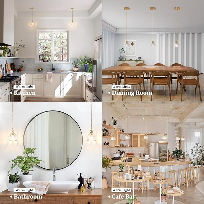Mini Pendant Light 2 Pack with Clear Tulip Glass Lmapshade, Brass Vintage Pendant Light Adjustable Hanging Light for Kitchen Island Dining Room Hallway