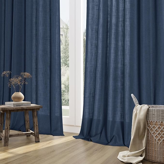 Guken Vintage Blue Linen Curtains 84 Inches Long 2 Panel Set Rod Pocket Semi Sheer Dining Room Cozy Bedroom Decor Cotton Look Country Rustic Farmhouse Boho Curtains 52x84