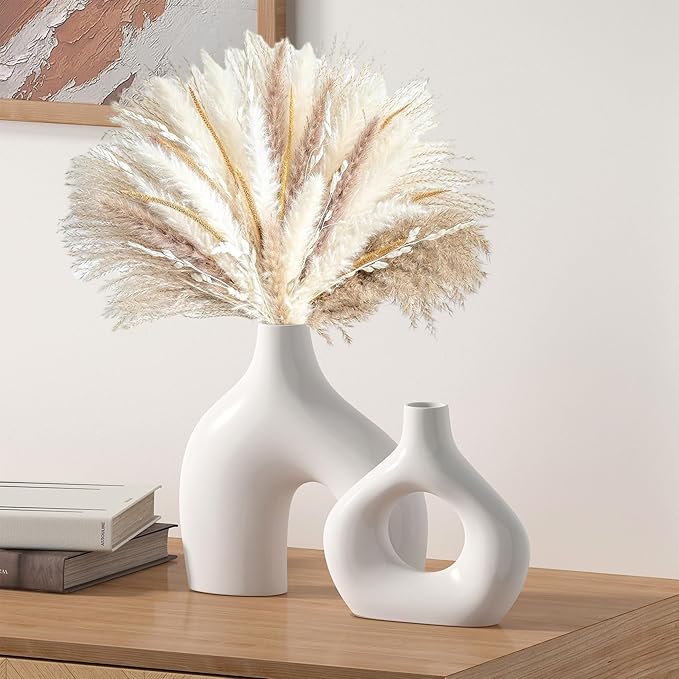 White Ceramic Vase Set of 2, Pampas Grass Vases for Home Decor, Hollow Round Boho Vases for Flowers, Nordic Minimalism Style vase for Living Room Bedroom Shelf Decor