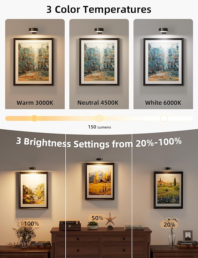 VOLISUN Picture Lights for Wall, 4000mAh Rechargeable Picture Light Battery Operated, 3 Color Temperatures Cordless Picture Light with Remote, Art Light for Painting, Gallery, Portrait, 3 Pack (Black)