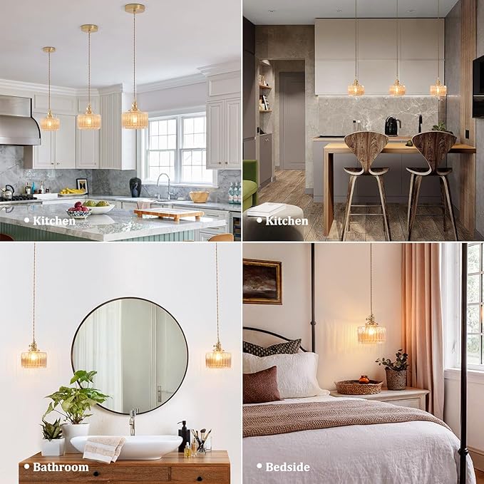 Pendant Light with Amber Striped Glass Lmapshade, Brass Vintage Pendant Light Adjustable Hanging Light for Kitchen Island Dining Room Hallway