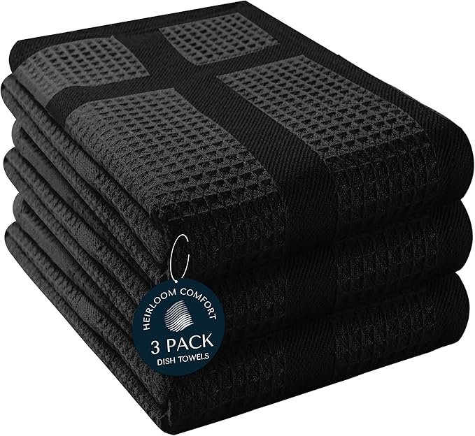 3 Pack Black Waffle Weave Kitchen Towels, 16x26 Inch, 100% Cotton Dishcloth Set, Super Absorbent, Fast Dry, Teal Towels, Soft Hand Towel, Dish Rags, Wash Cloth, Cleaning, Durable