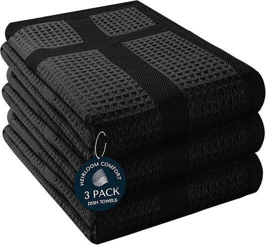 3 Pack Black Waffle Weave Kitchen Towels, 16x26 Inch, 100% Cotton Dishcloth Set, Super Absorbent, Fast Dry, Teal Towels, Soft Hand Towel, Dish Rags, Wash Cloth, Cleaning, Durable