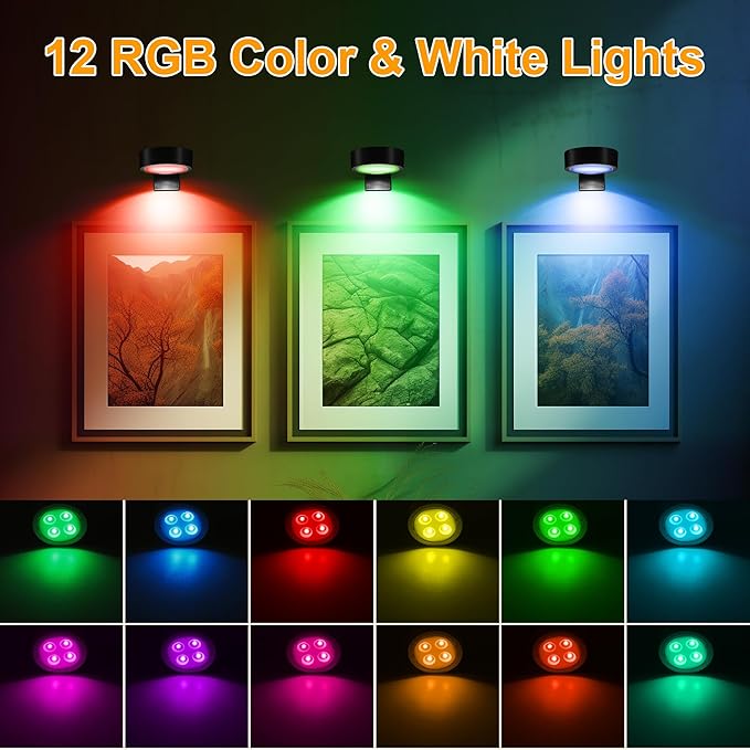 3Pack Picture Lights for Wall, RGB Color Changing Led Art Display Light with Rechargeable Battery Operated, Magnetic Painting Light with Remote Control, Wireless Home Wall Decorative Lighting, Black