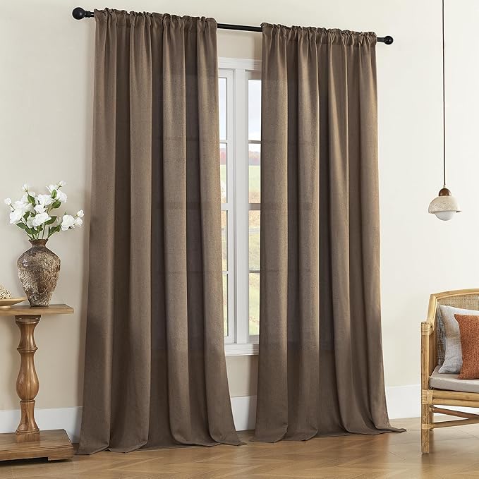 Natural Linen Blended Curtains - Back Tab Window Treatments Panels Drapes for Living Room/Bedroom, Light Filtering Semi Sheer (Set of 2, 50" x 84", Brown)