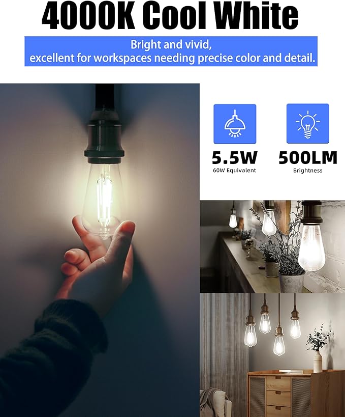 Lumiverse Edison Bulbs 60W Equivalent, Dimmable LED Light Bulbs, CRI 90+, Vintage E26 Lightbulbs, Natural White 4000K, ST19 ST58, 5.5W, Antique Clear Glass, 6 Pack