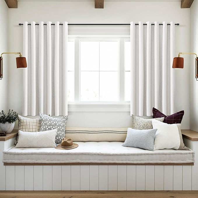 Beige White 100% Blackout Linen Curtains 63 Inch Long for Living Room Grommet Black Out Curtain Burlap Textured Thermal Insulated Energy Saving Block Out Curtains for Bedroom 2 Panels Set 52Wx63L