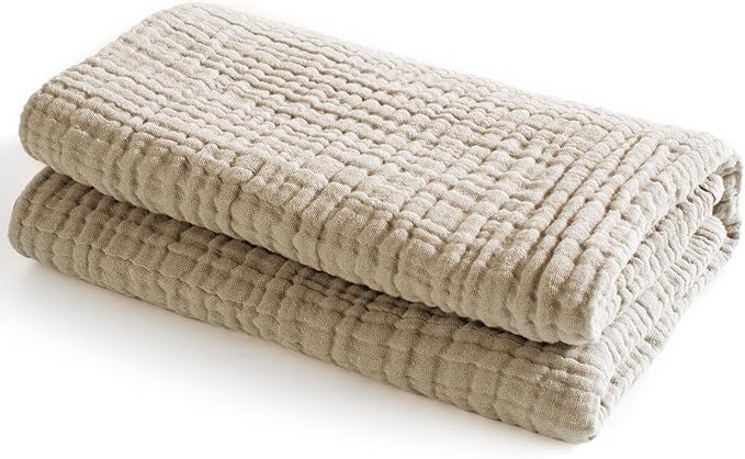 Carriediosa 100% Cotton Muslin Throw Blanket 108" X 90" King Size，4-Layers Summer Gauze Throws for Bed Couch，Soft Lightweight Breathable Linen Blankets Bedspread for Adults All Season，Khaki