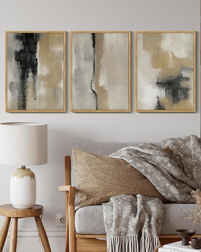 KUVIOKE Black Abstract Framed Wall Art Neutral Graffiti Pastel Minimalist Wall Decor Modern Art Painting for Bedroom Living Room 12x16in (Natural Framed)