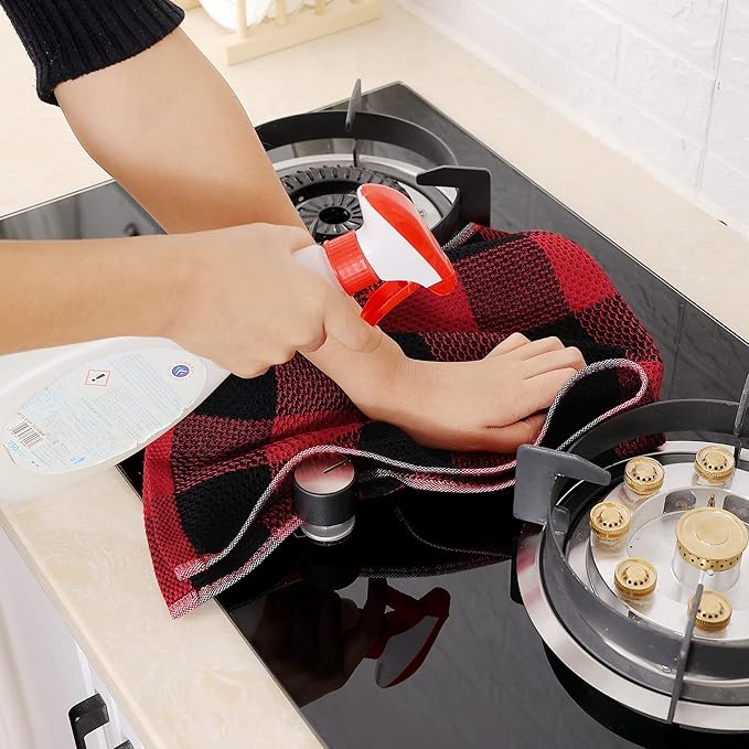 Homaxy 100% Cotton Waffle Weave Check Plaid Kitchen Towels, 13 x 28 Inches, Super Soft and Absorbent Dish Towels for Drying Dishes, 4-Pack, Black & Red