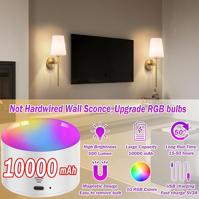 Battery Operated Wall Sconce with Remote,White Fabric Shade Wall Sconce Set Of 2 Battery Powered Sconces Wall Lighting Indoor Wireless Dimmable Wall Lamp with 3 Color Temp Bulb for Bedroom Living Room