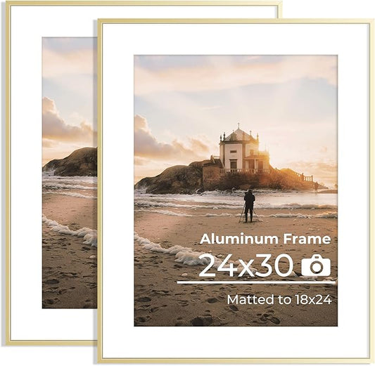 24x30 Aluminum Picture Frame - with Mat for 18x24 Photo or Without Mat for 24 x 30 Photo, Metal Poster Frame with High Definition Plexiglass, Wall Mounting or Tabletop Display, Golden, Set of 2
