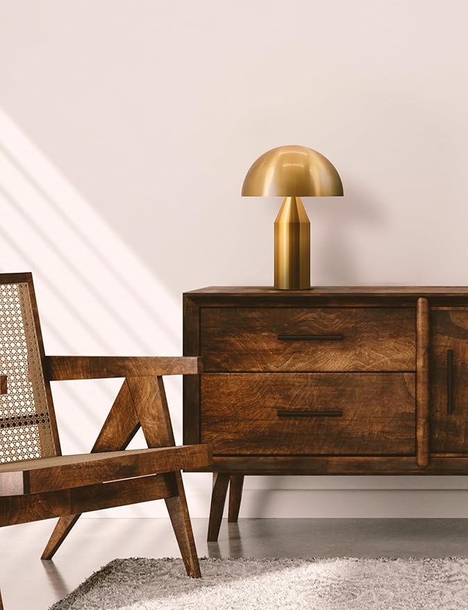 Brightech Venus Mushroom Table Lamp - Modern Lamp for Living Room, Bedroom Side/End Table - Dimmable, Unique Side Table LED Lamp Shade for Office, Reading - Brass/Gold, 14" Tall