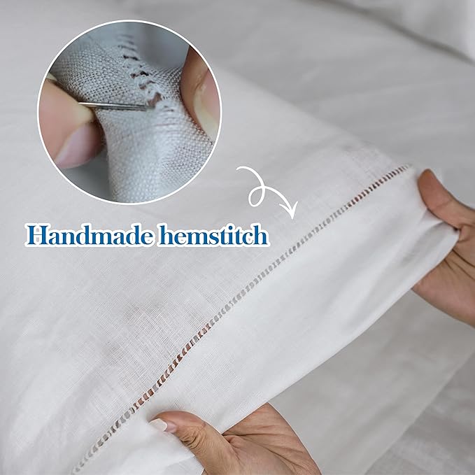 Simple&Opulence 100% Linen Pillowcase with Hand Drawing Hemstitch Pillow Cover King Size Set of 2 Soft and Durable (White, 20''x40'')