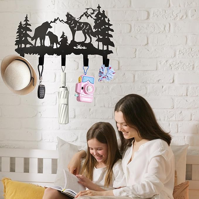 Metal Wolf Coat Hooks Wall Art Decor-Wolf Hangers and Key Holder-Clothes Rack and Backpack Hanger-Animal Theme Hooks Sweet Home Decor for Storage, Living Room, Hallway, Office (Black)