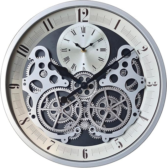 Industrial Wall Clock, Non-Ticking Vintage Moving Gear Battery Operated Original Antique Steampunk Decor Metal Clock for Living Room, Farmhouse, Home Kitchen (Silver-White, 18 Inch)
