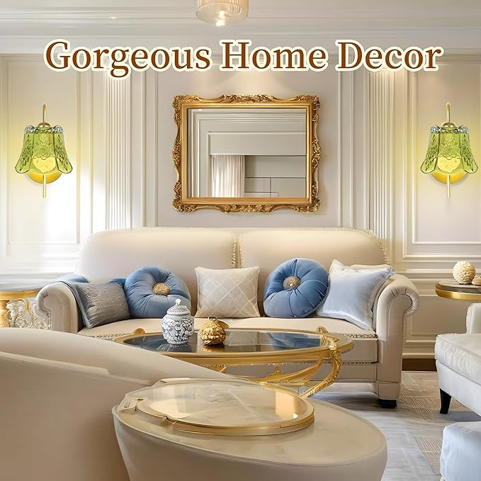 Vintage Battery Operated Wall Sconce with Flower lampshade,Rechargeable Battery Powered Wall Lights,Wall lamp with 15 Colors for Bedroom Living Room Home Decor (Green Rose, 2 Light Battery Operated)