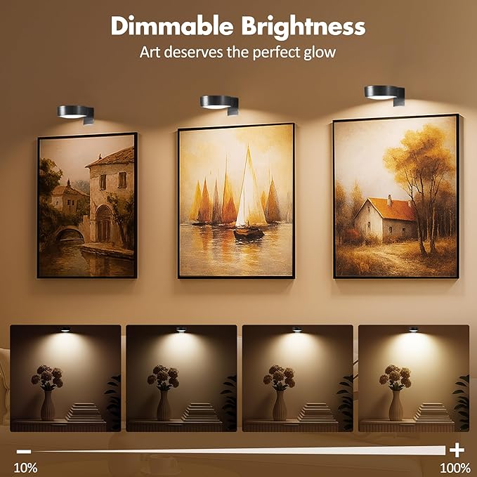 3Pcs Picture Lights for Wall Battery Operated, Magnetic Led Painting Light with Remote Dimmable and Timer, 3 Lighting Modes Art Display Light for Picture Frame, Wireless Wall Decor Puck Lights, Black