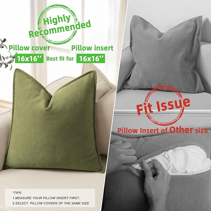 ZWJD Olive Green Pillow Covers 16x16 Set of 2 Chenille Throw Pillow Covers with Elegant Design Soft and Luxurious Decorative Throw Pillows for Couch, Bed, and Home Decor