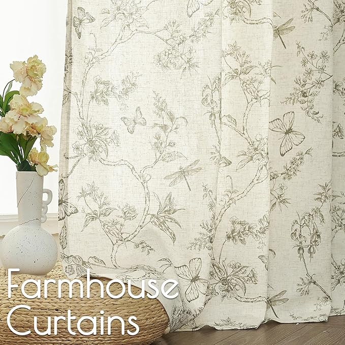 Lazzzy Linen Farmhouse Curtains Green Floral Curtains 63 Inch Length Back Tab Drapes for Living Room Bedroom Light Filtering Country Vintage Rod Pocket Curtain, 2 Panels, Green on Beige