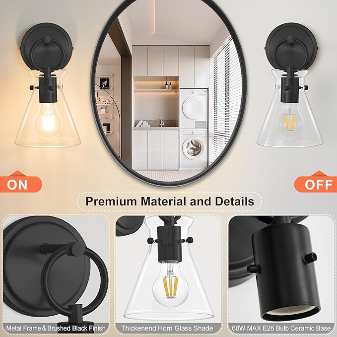 Wall Sconce for Bathroom Modern Vanity Light Fixtures Hardwired Wall Mount Lighting Lamp Farmhouse Wall Lights with 6" Clear Glass Shade for Bedroom Living Room Mirror Kitchen (Black, 1 Pack)