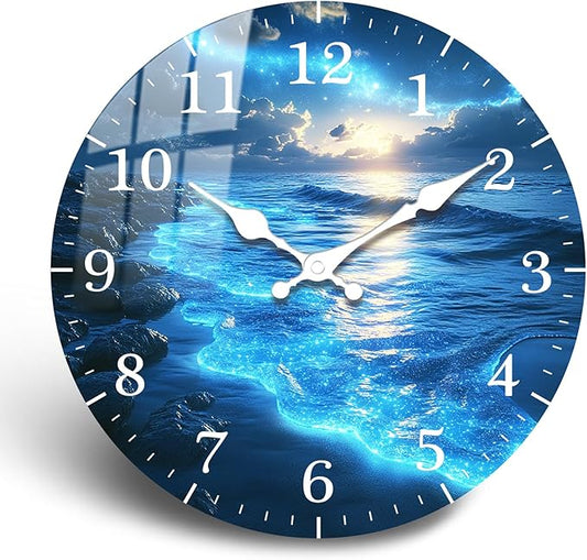 Oversized Blue Tears Wall-Clock 24 inch Coast Beach Silent Clocks Battery Operated Wooden Round Wall Clock for Kitchen, Office, Living Room Wall Decor