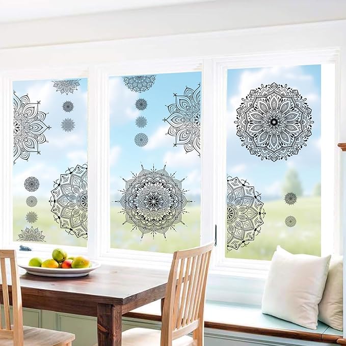 Large Mandala Wall Sticker Peel and Stick Boho Lotus Wall Decor Stickers Mandala Floral Flower Window Cling Decals Black Mandala Wall Art Decal for Bedroom Living Room Headboard Yoga Decoration