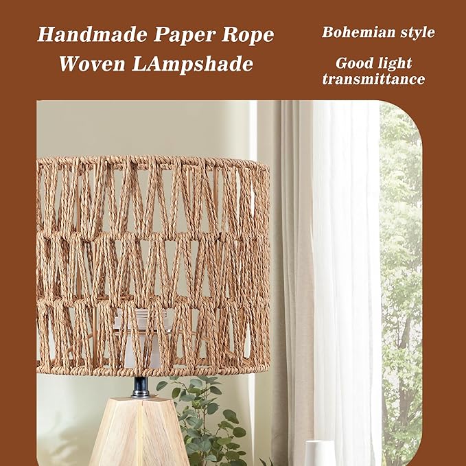 Tripod Table Lamp Light with Birch Color Wooden Base, Wooden Desk Lamp with Rattan Lampshade, 14.37 in Small Lamps, E26 Base Bedside Lamps for Night Stands, Home, Office, Living Room, Dorm(Triangle)