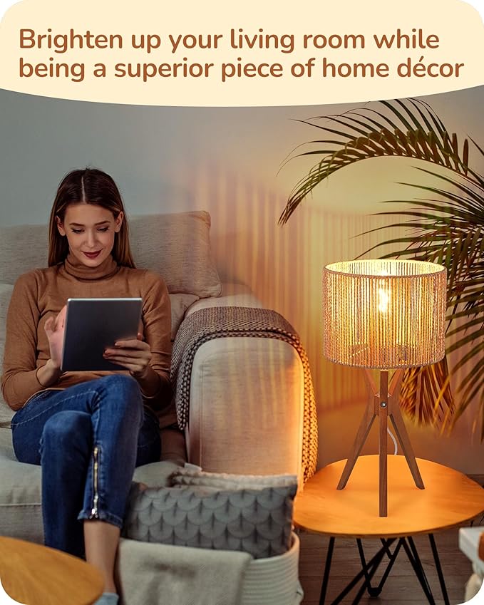 EDISHINE 17.5" Rattan Table Lamp, Wood Bedside Lamp with Handmade Paper Rope Woven Lampshade, Nightstand Lamp for Living Room, Bedroom, E26 Base, ON-Off Switch