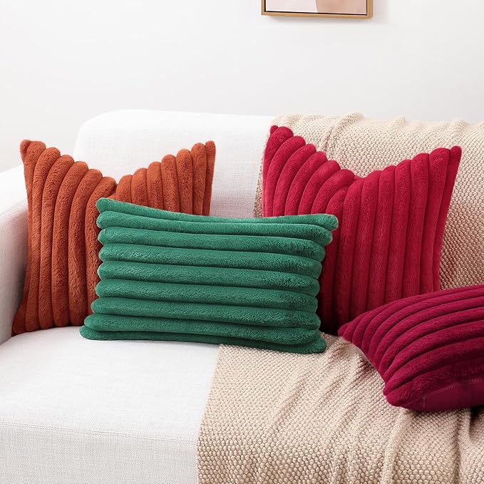 decorUhome Faux Fur Christmas Throw Pillow Covers 20x20 Set of 2, Decorative Soft Plush Striped Neutral Couch Euro Pillow Covers with Velvet Back for Sofa, Bed, Living Room Home Decor, Red