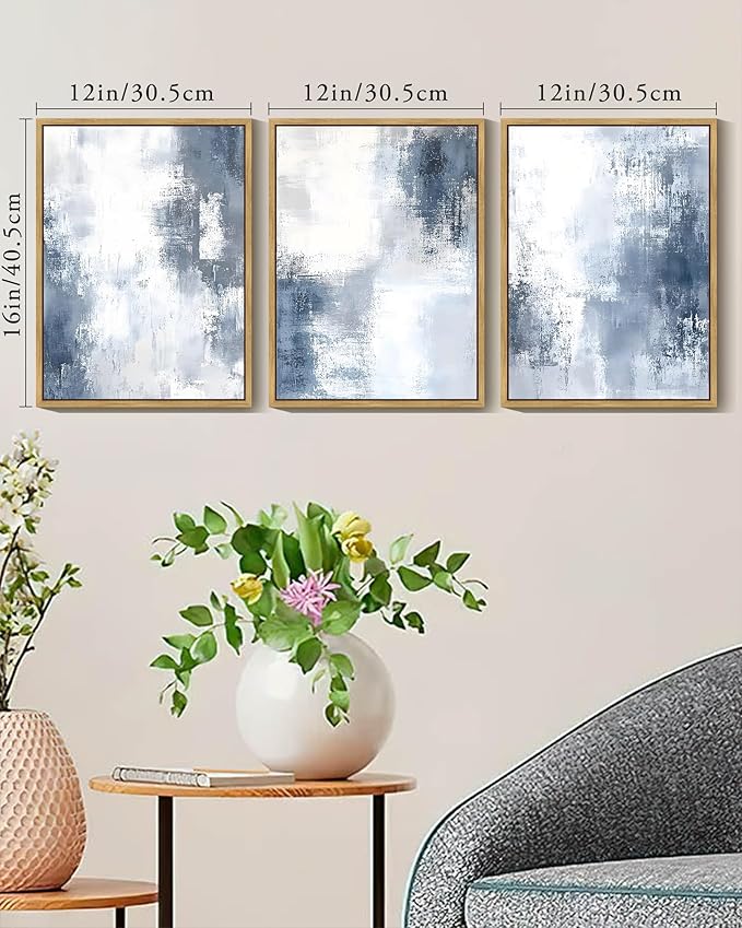 KUVIOKE Navy Blue and Gray Abstract Framed Canvas Wall Art Brush Strokes Block Shape Pastel Wall Decor Modern Minimalist Art Painting Home Decor 12x16in (Natural Framed)