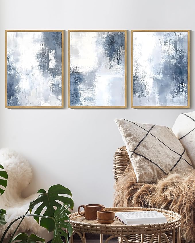 KUVIOKE Navy Blue and Gray Abstract Framed Canvas Wall Art Brush Strokes Block Shape Pastel Wall Decor Modern Minimalist Art Painting Home Decor 12x16in (Natural Framed)