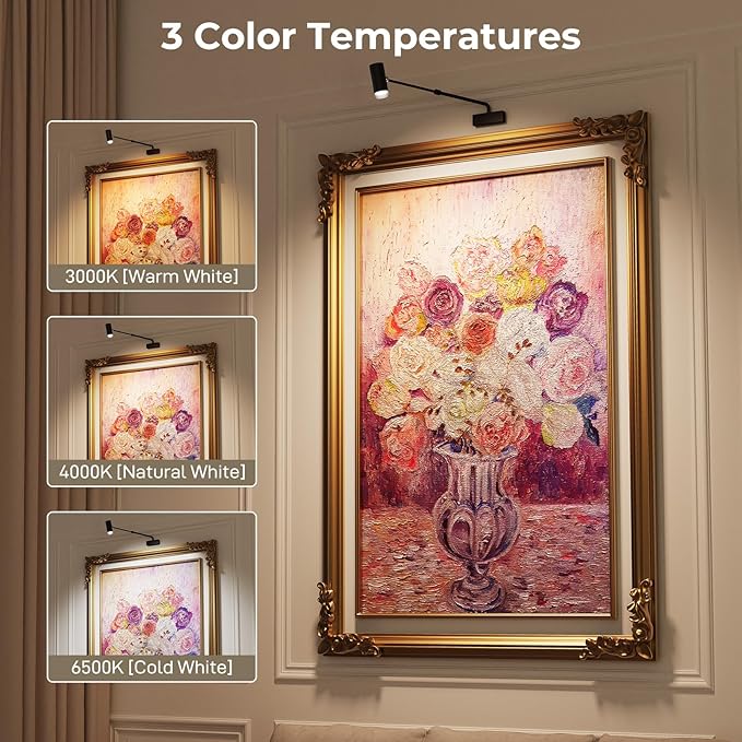 PESUTEN Battery Operated Picture Light, Adjustable Length Wireless Art Light for Paintings CCT Dimmable Rechargeable Picture Light with Remote Control for Gallery Reading Dartboard Bathroom