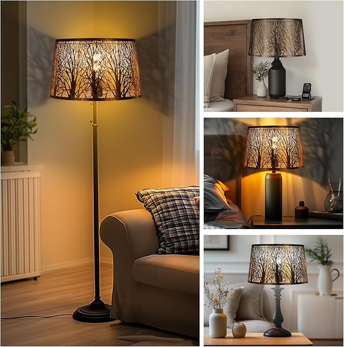 Metal Lamp Shade, Large Lampshade for Table Floor Lamps, (12×8)'' Top×(14×10.5)'' Bottom×8.5" Height Oval Shade, Etched Forest Gothic Style Replacement Lamp Shade(Spider), Bronze Gold