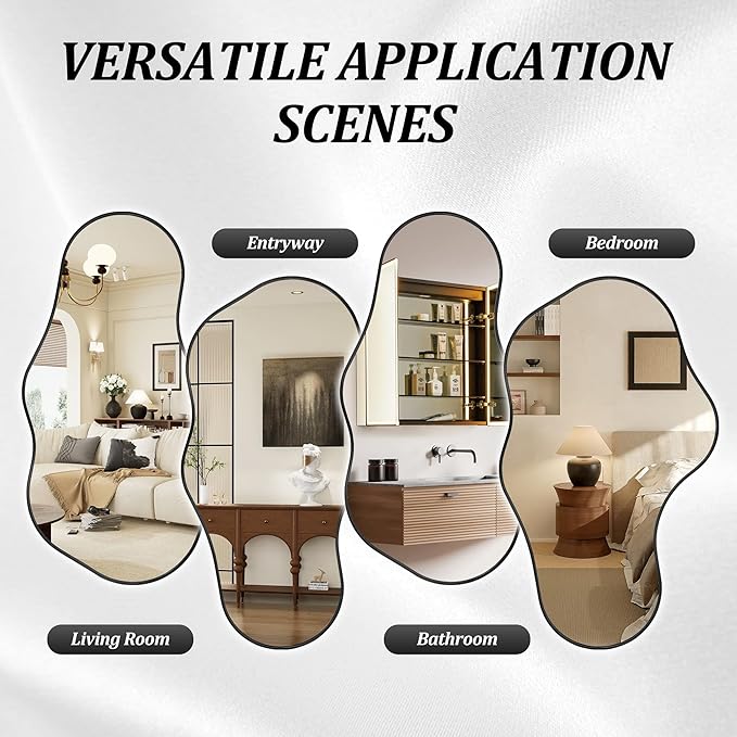 Irregular Wall Mirror, 24"x40" Black Abstract Asymmetrical Mirrors for Wall, Decorative Cloud Aesthetic Mirror for Bathroom, Bedroom, Cloakroom, Entryway, Shatter-Proof Aluminum Alloy Frame