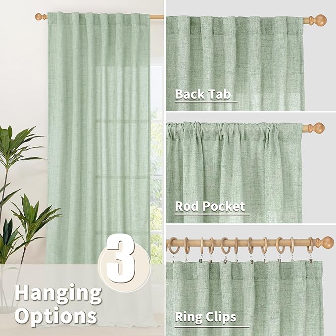 YoungsTex Sage Green Linen Cafe Curtains 36 Inch Length, Short Drapes Light Filtering with Rod Pocket Back Tab for Cafe Kitchen Windows Over Sink, 2 Panels, 42 X 36 Inch