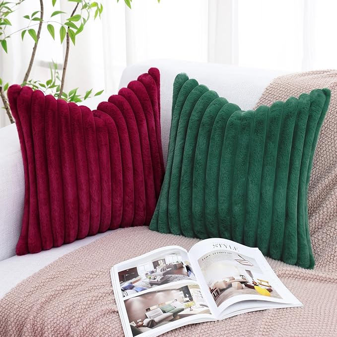 decorUhome Faux Fur Christmas Throw Pillow Covers 20x20 Set of 2, Decorative Soft Plush Striped Neutral Couch Euro Pillow Covers with Velvet Back for Sofa, Bed, Living Room Home Decor, Christmas Green