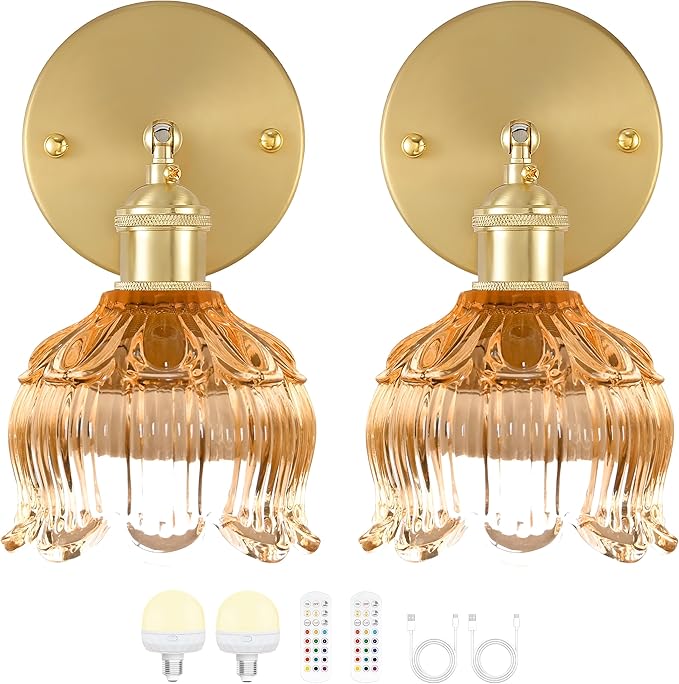 Battery Operated Wall Sconce with Remote Control,Vintage Wall Lamp with Flower lampshade,Rechargeable Battery Powered Wall Lights with 15 Colors for Beside Bedroom Living Room Doorway,Set of 2