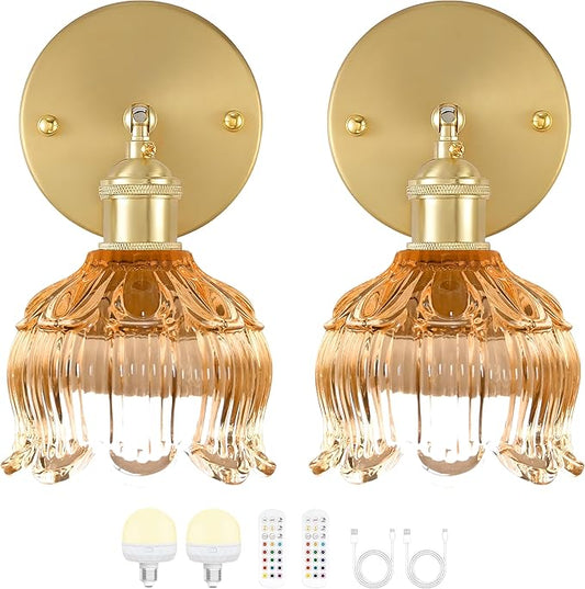 Battery Operated Wall Sconce with Remote Control,Vintage Wall Lamp with Flower lampshade,Rechargeable Battery Powered Wall Lights with 15 Colors for Beside Bedroom Living Room Doorway,Set of 2
