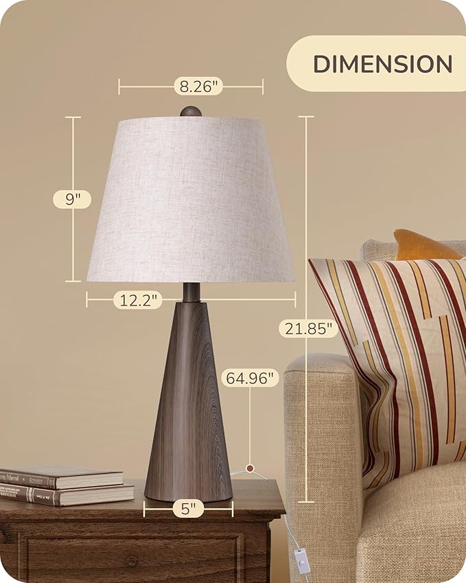 EDISHINE 21.85" Farmhouse Table Lamp, Rustic Bedside Lamp, Water Transfer Walnut Wood Grain Metal Base, Beige Linen Shade, Minimalist Nightstand Light for Living Room, Bedroom, Office, E26 Base