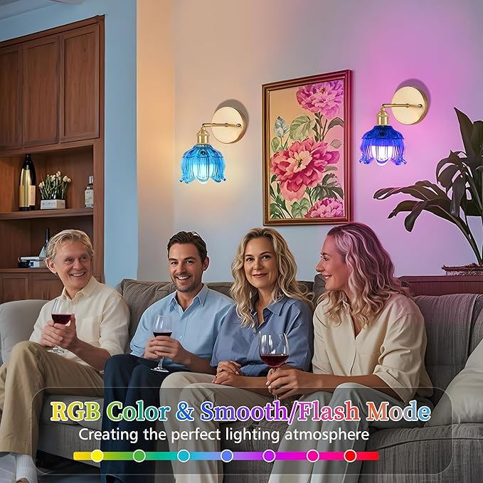 Vintage Battery Operated Wall Sconce with Flower lampshade,Rechargeable Battery Powered Wall Lights,Wall lamp with 15 Colors for Bedroom Living Room Home Decor (Flower Blue, 2 Light Battery Operated)