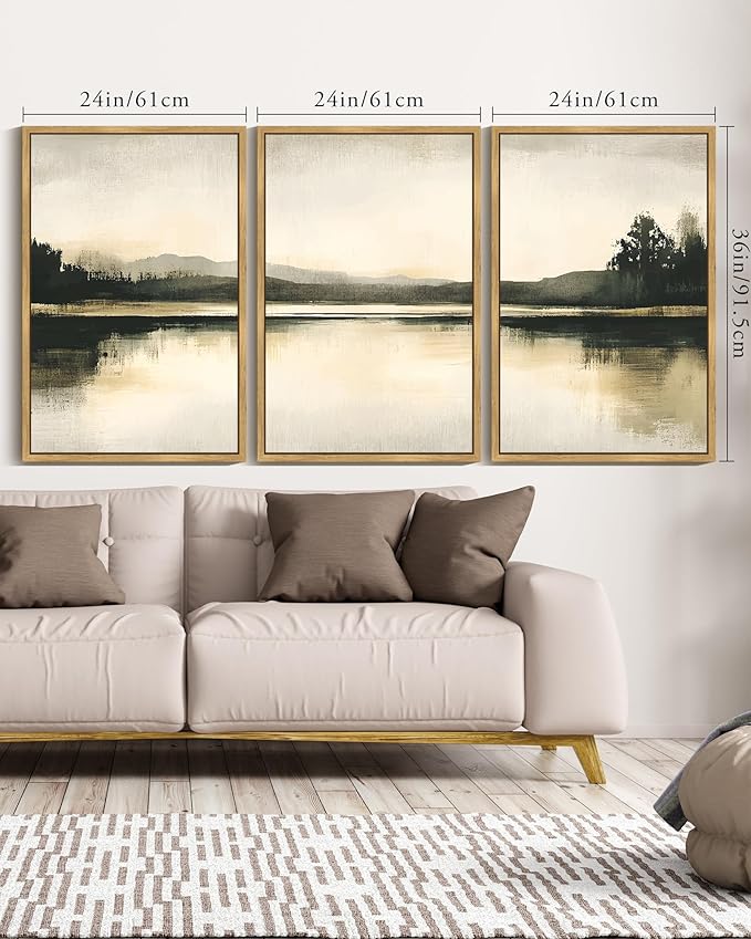 KUVIOKE Watercolor Abstract Mountain Lake Framed Wall Art Brown Landscape Nature Wilderness Painting Nordic Neutral Tan Illustration Decorative Home Decor 24x36in (Natural Framed)