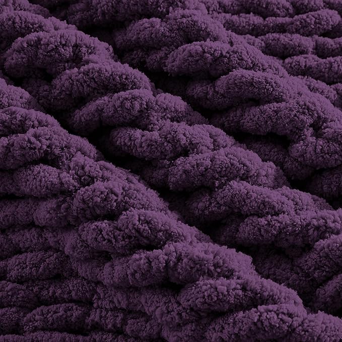 Carriediosa Chunky Knit Throw Blanket 50" X 60", 100% Hand Made Large Chenille Loop Yarn Soft Fluffy Throws for Couch Sofa Bed, Big Crochet Cozy Heavy Thick Cable Woven Blanket, Dark Purple